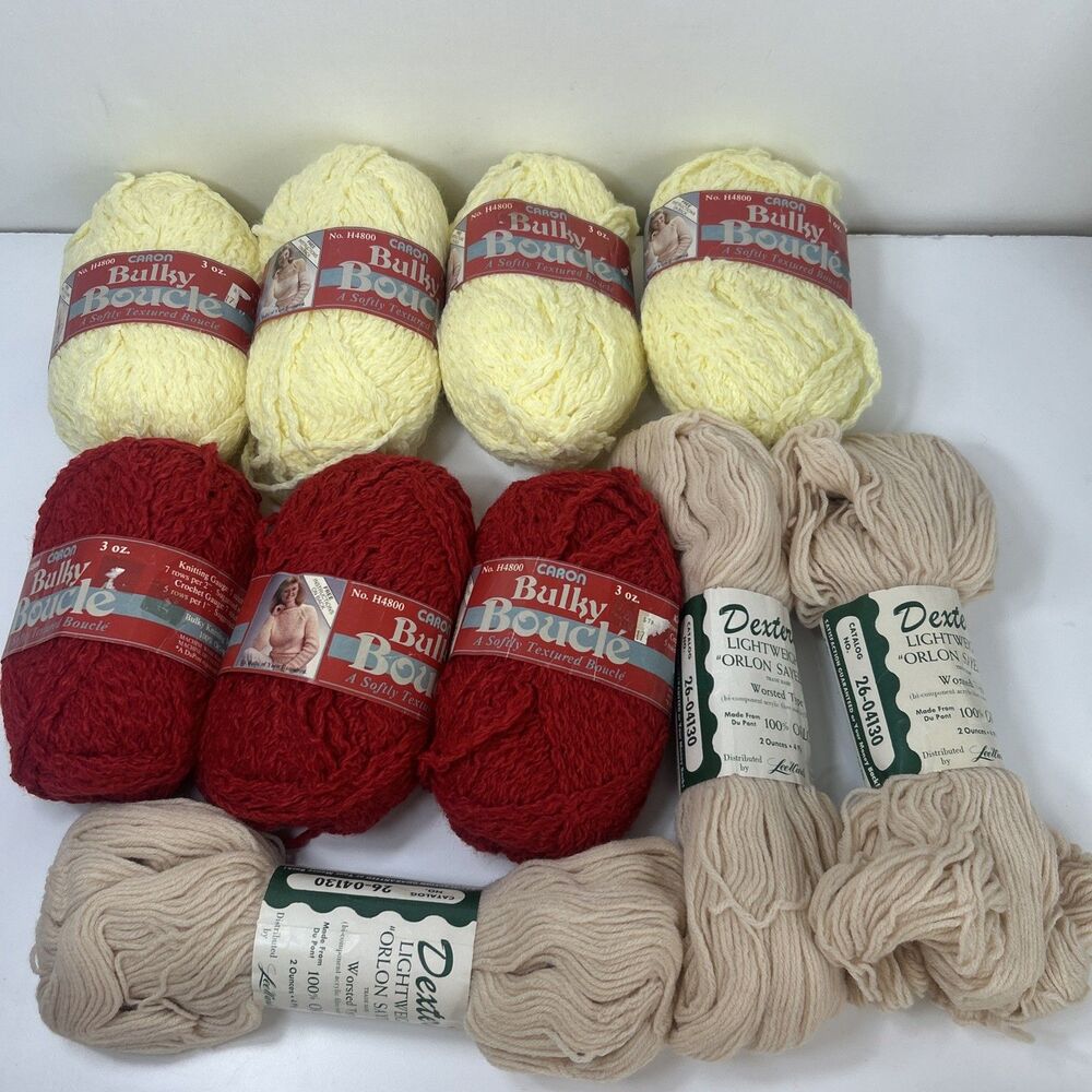 Caron Bulky Boucle Yarn Skein Lot Orlon 4824 Red Banana Beige Knitting Crochet